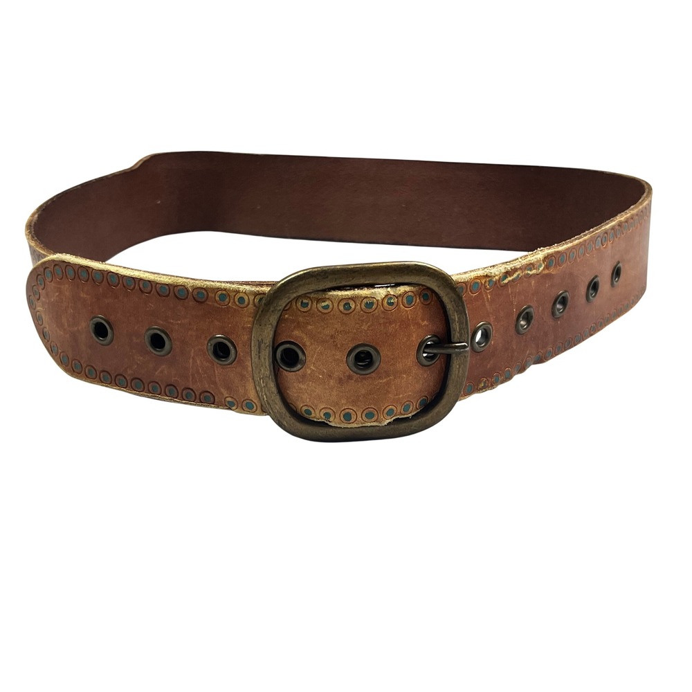 Hollister Tan Genuine Leather Grommet Belt Turquoise Dots Brass Buckle Small